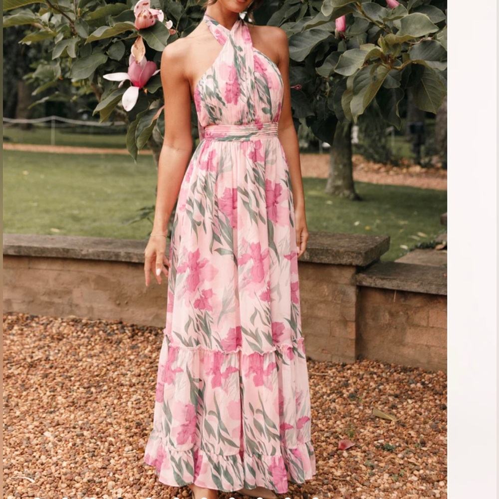 Petal & Pup Lennon Halterneck Maxi Dress Pink Floral